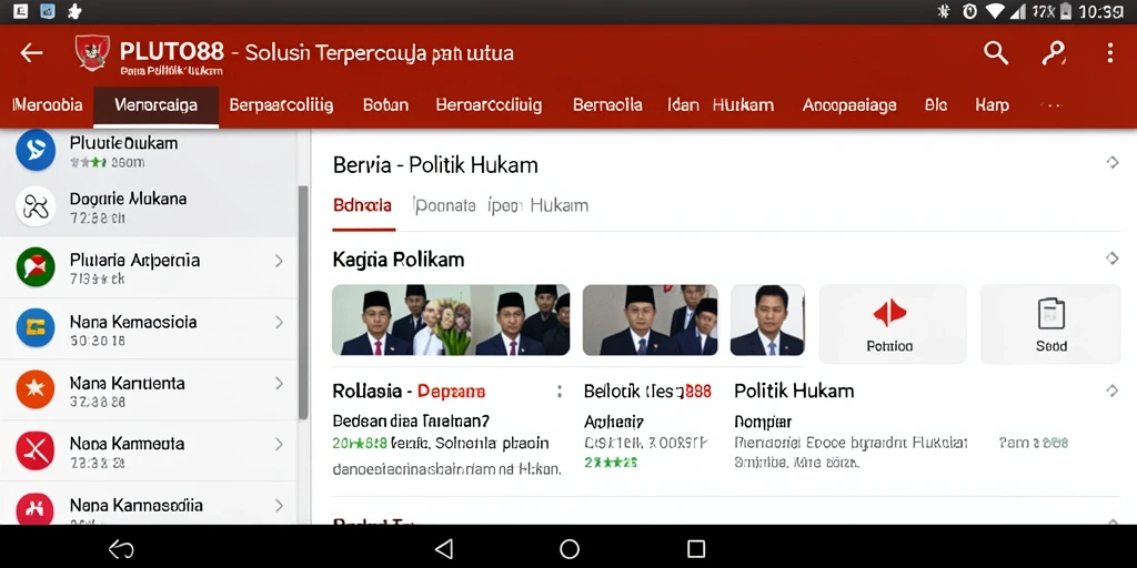 Tampilan antarmuka aplikasi PLUTO88 dengan fitur berita politik dan hukum.
